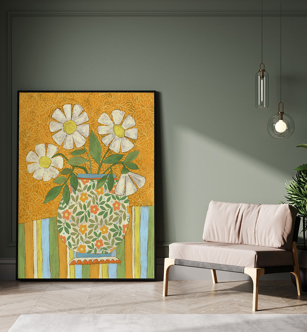 WHITE DAISIES IN A PATTERNED VASE , FLORAL FLOWER PAINTINGS