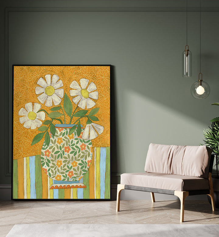 WHITE DAISIES IN A PATTERNED VASE , FLORAL FLOWER PAINTINGS