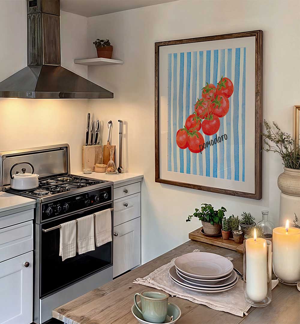 POMODORO ON BLUE STRIPES , KITCHEN POSTERS