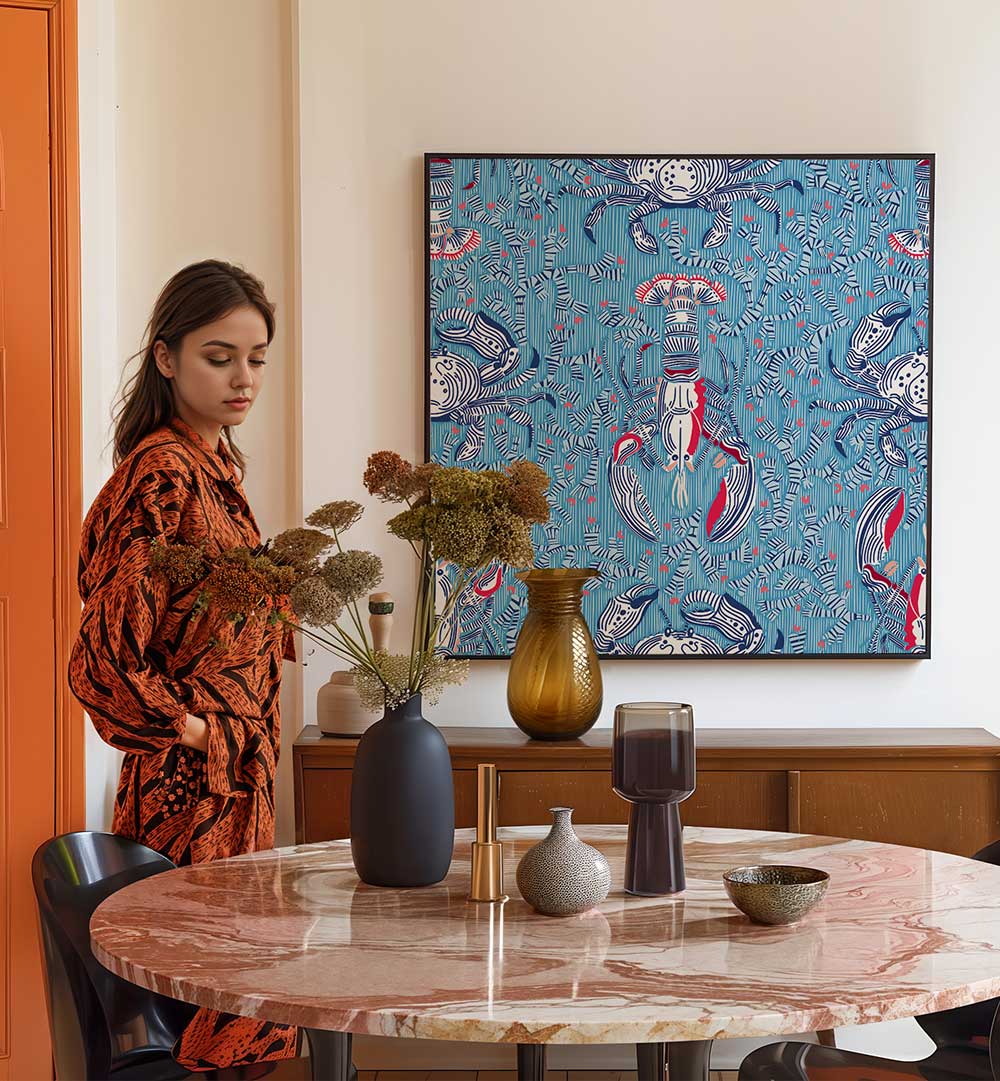 Elegant LOBSTER AND CRAB NOSTALGIA, BEACH PAINTINGS enhance a cozy interior with coastal charm and vibrant colors.