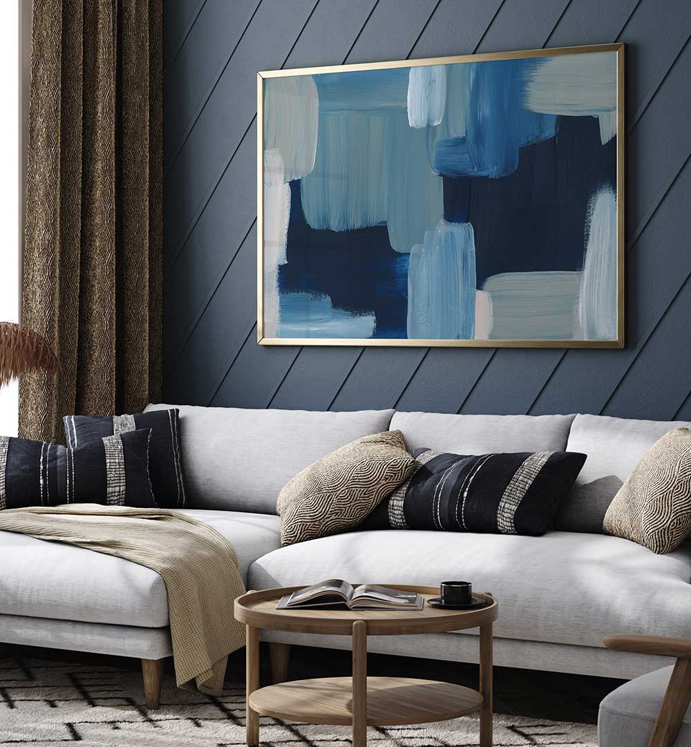 Blue living room canvas with bold BRUSH STROKES , ABSTRACT PAINTINGS above modern sofa, layered textures and movement