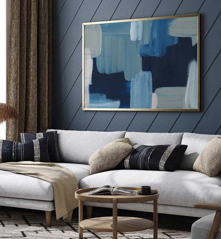 Blue living room canvas with bold BRUSH STROKES , ABSTRACT PAINTINGS above modern sofa, layered textures and movement