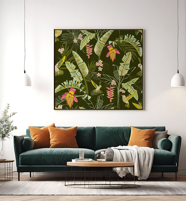 BANANA LEAVES AND HUMMINGBIRDS , FLORAL FLOWER PAINTINGS