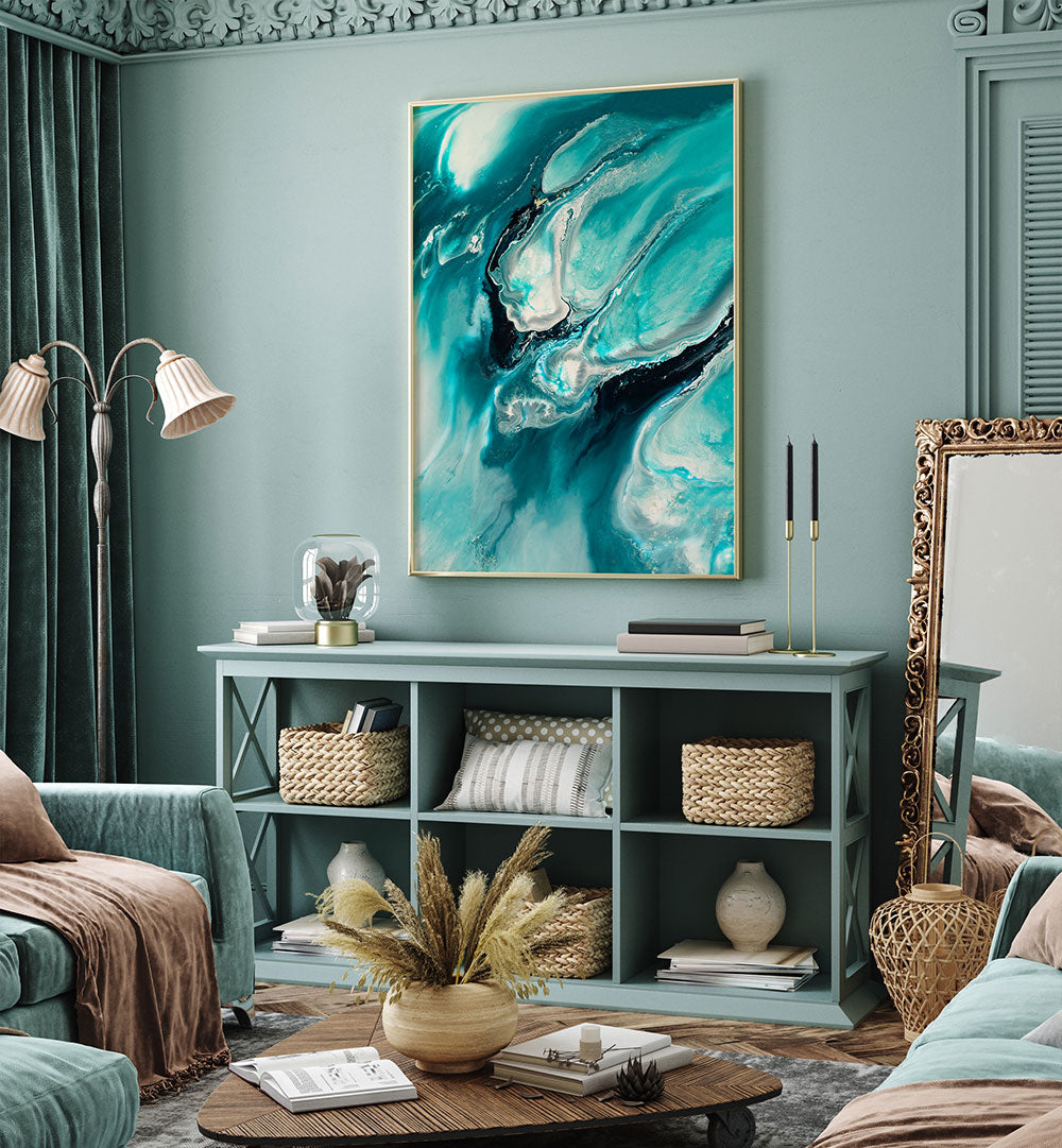 Vibrant OCEAN TEAL, ABSTRACT PAINTINGS enhance modern interiors with bold colors and captivating designs.