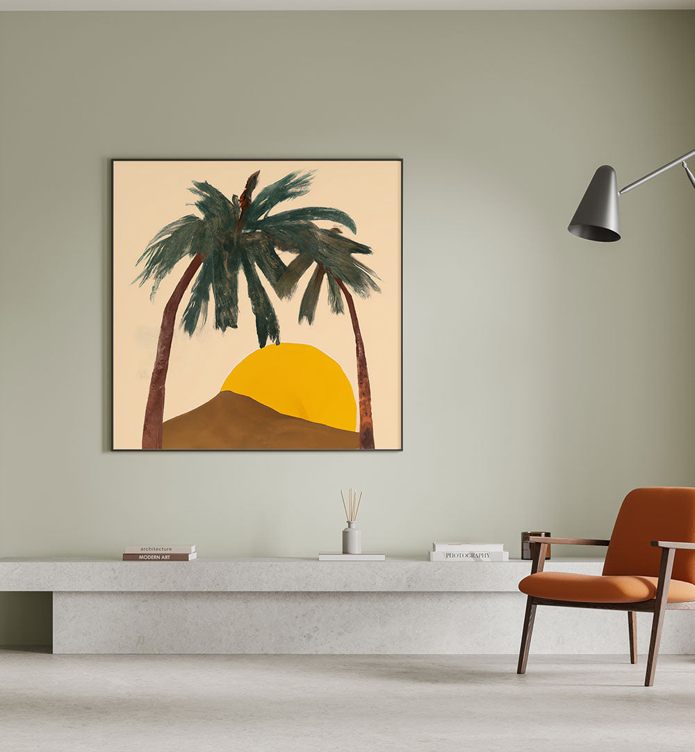 ARCHY PALMS , BEACH PAINTINGS showcasing two palm trees with a sunset, perfect for enhancing modern coastal decor.