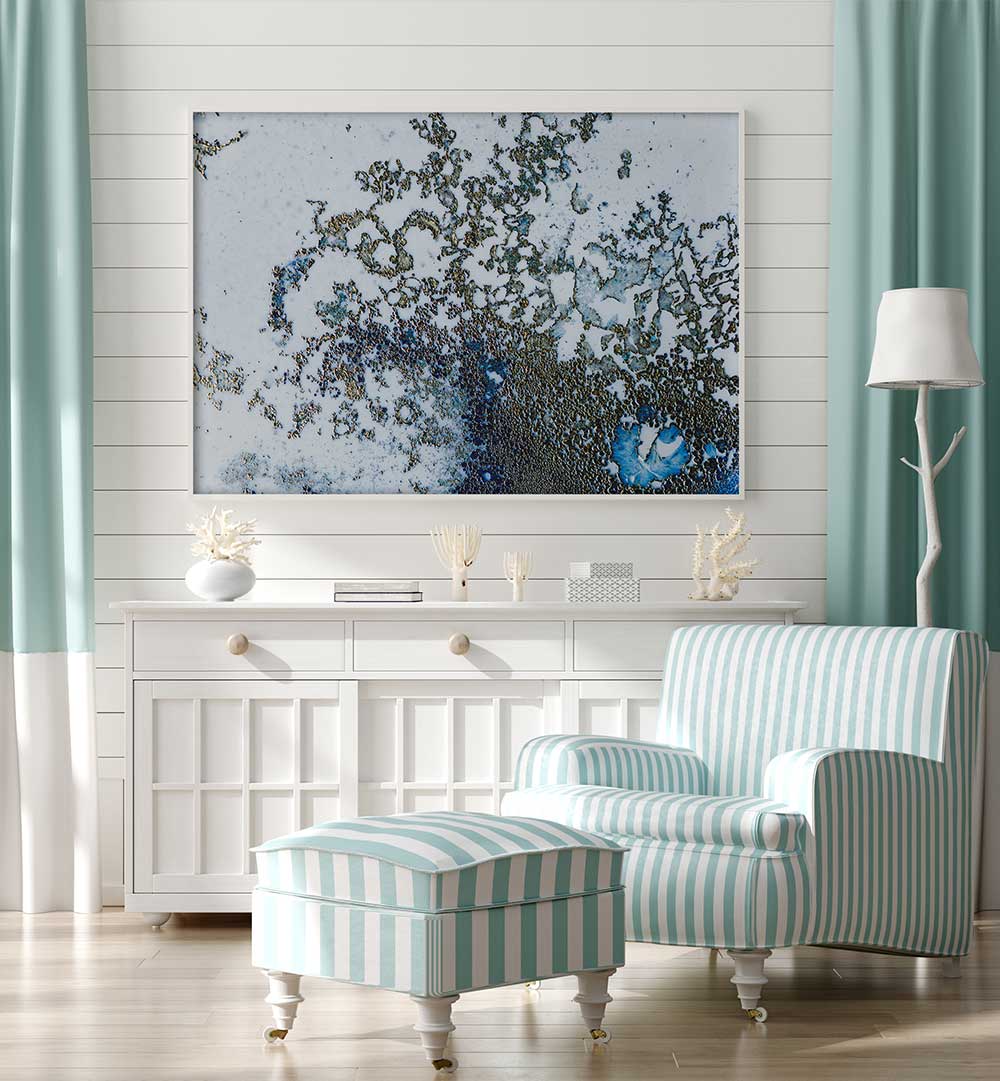 Vibrant CORAL RISING, ABSTRACT PAINTINGS enhance this stylish living space with dynamic colors and textures.
