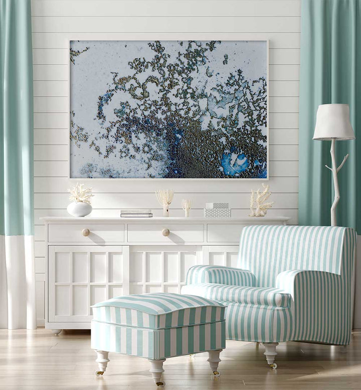 Vibrant CORAL RISING, ABSTRACT PAINTINGS enhance this stylish living space with dynamic colors and textures.