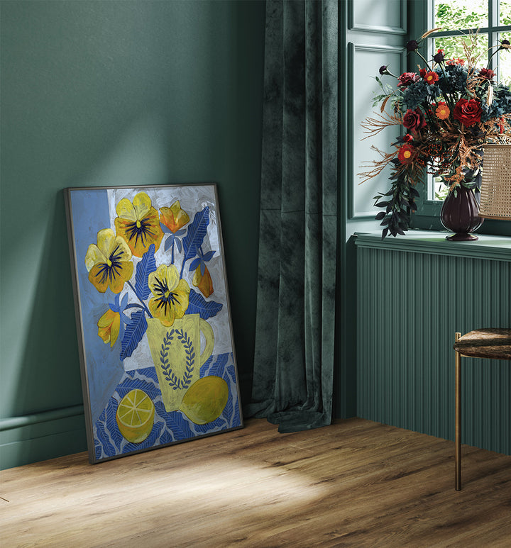 YELLOW PANSIES AND LEMONS , FLORAL FLOWER PAINTINGS