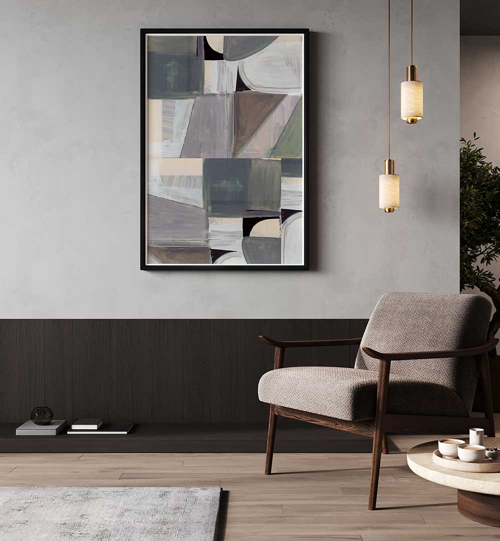 Stylish living room featuring ABSTRACT DESATURATE I, GEOMETRIC ART PRINTS, blending modern design and geometric precision.