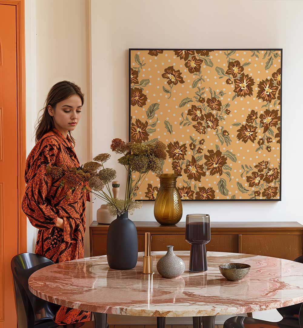 Elegant woman beside a table, showcasing the FLORAL HERITAGE I, PATTERN ART PRINTS against a stylish backdrop.