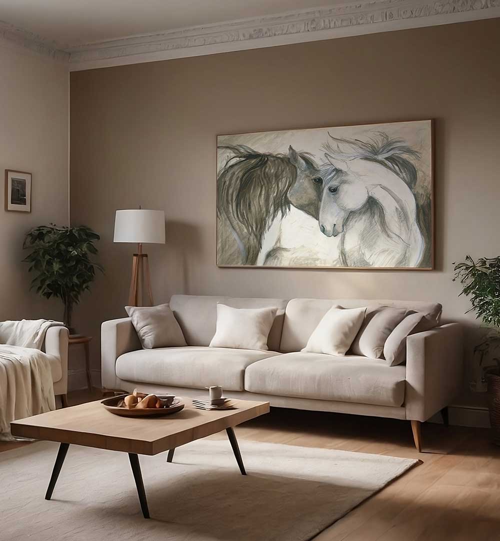 TENDER CONNECTION BETWEEN TWO HORSES , ANIMAL PAINTINGS