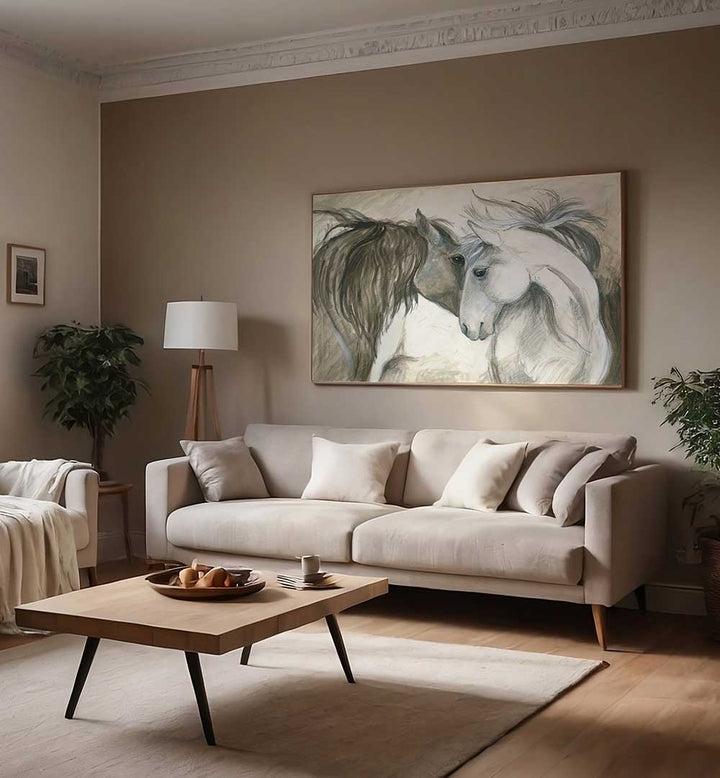 TENDER CONNECTION BETWEEN TWO HORSES , ANIMAL PAINTINGS