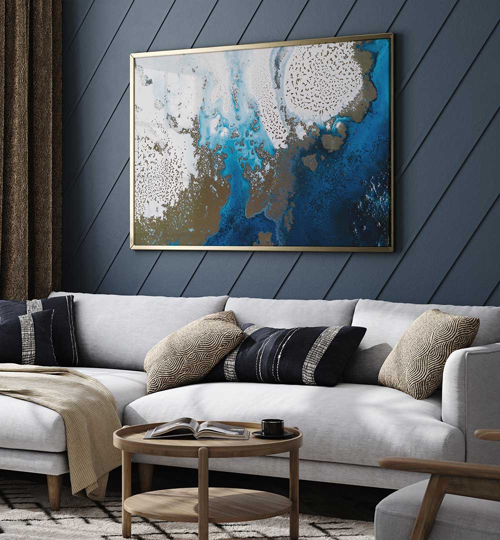 Vibrant MARINE PERSIAN AFFAIR, ABSTRACT PAINTINGS displayed in a modern living room, enhancing beautiful décor.