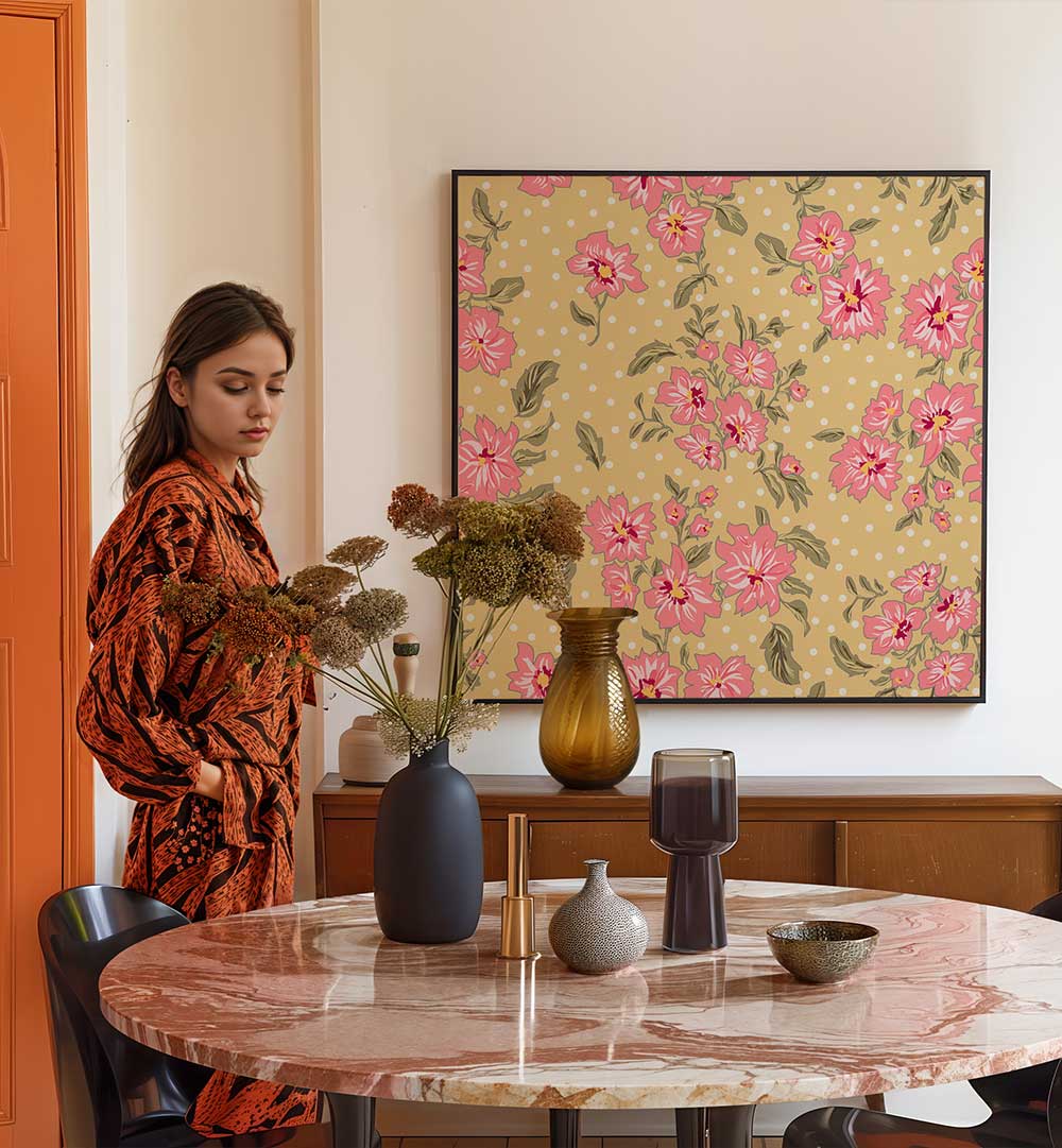 Stunning interior featuring FLORAL HERITAGE BOUQUET I, PATTERN ART PRINTS, enhancing the vibrant decor with floral motifs.