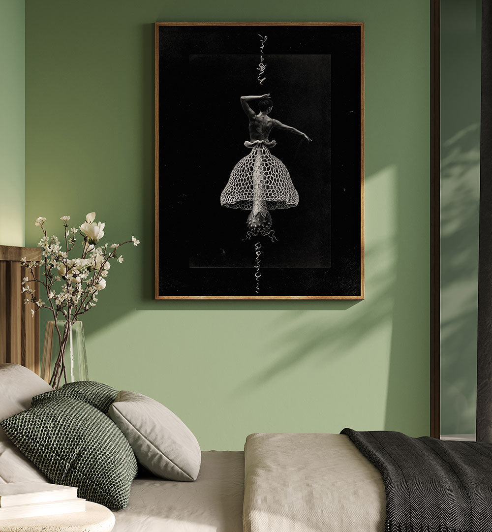 Stylish bedroom featuring the "DANCE WITH ME, SURREAL ART PRINTS" framed on a green wall, enhancing decor elegance.