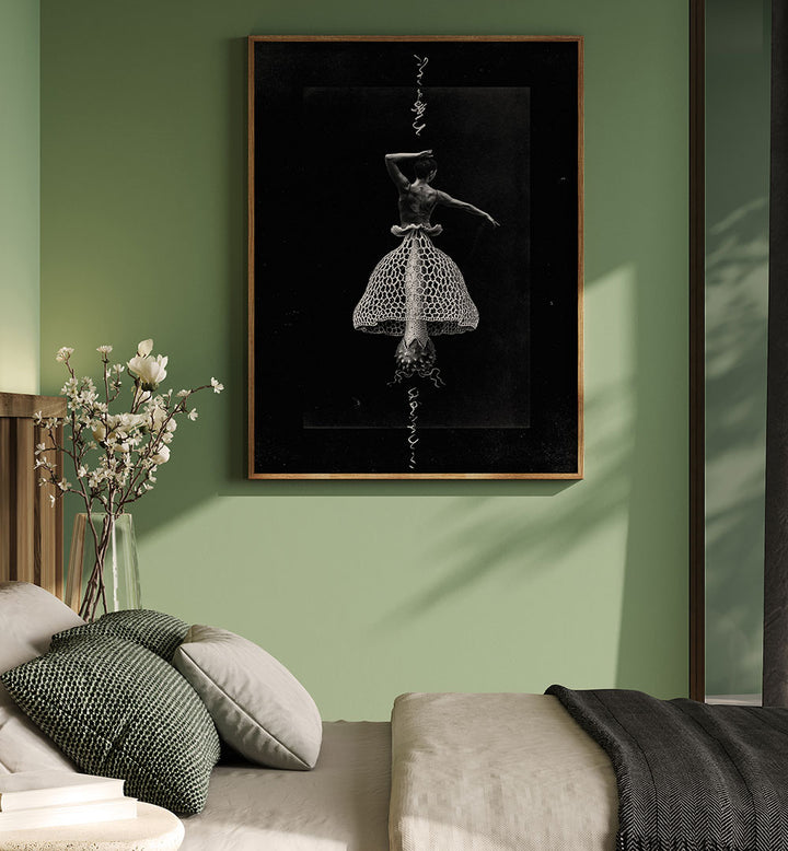 Stylish bedroom featuring the "DANCE WITH ME, SURREAL ART PRINTS" framed on a green wall, enhancing decor elegance.
