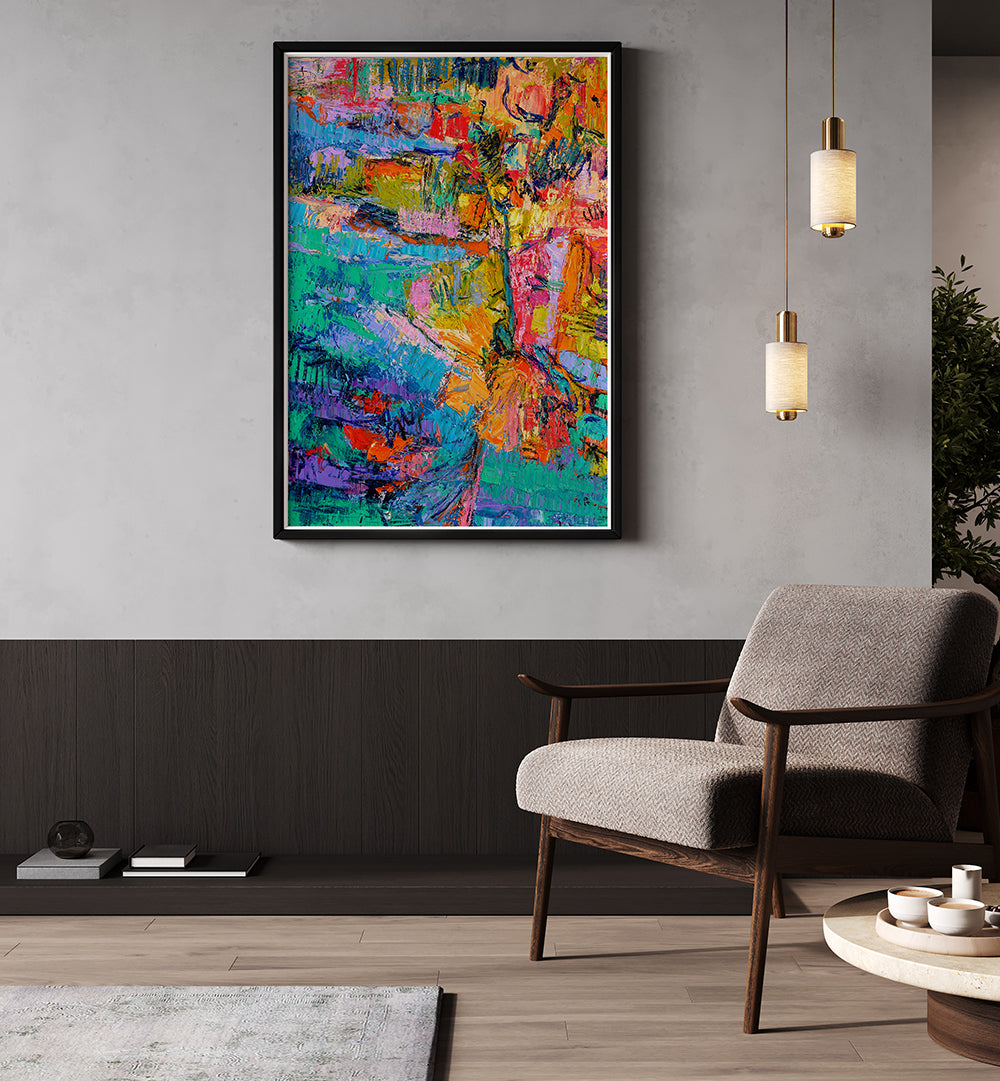 ABSTRACT COLOR PALETTE , ABSTRACT PAINTINGS vibrant framed canvas with bold texture in a modern living room