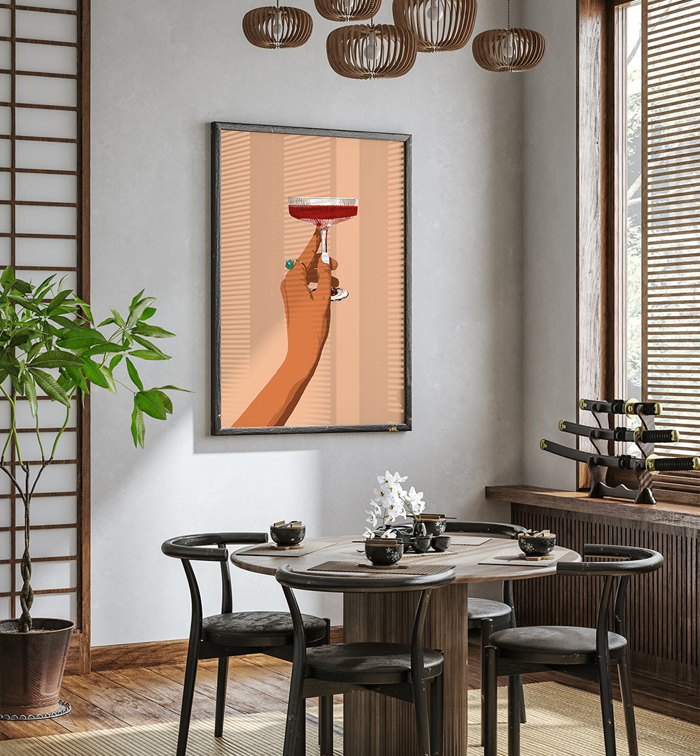 A HAND HOLDING A GLASS OF RED WINE , BAR & CAFE ART