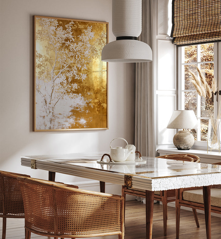 WHITE AND GOLD NATURE LANDSCAPE  , FLORAL FLOWER PAINTINGS