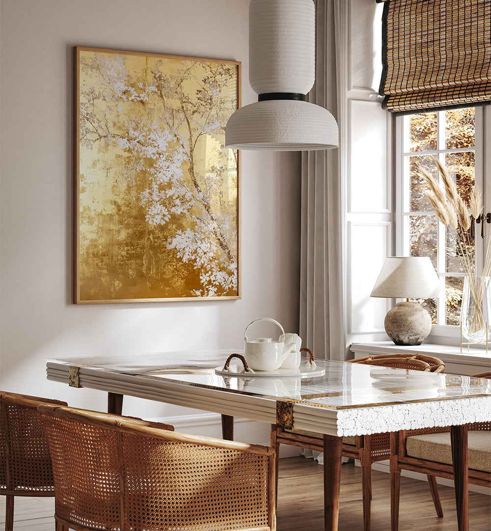 WHITE AND GOLD NATURE LANDSCAPE IV , FLORAL FLOWER PAINTINGS