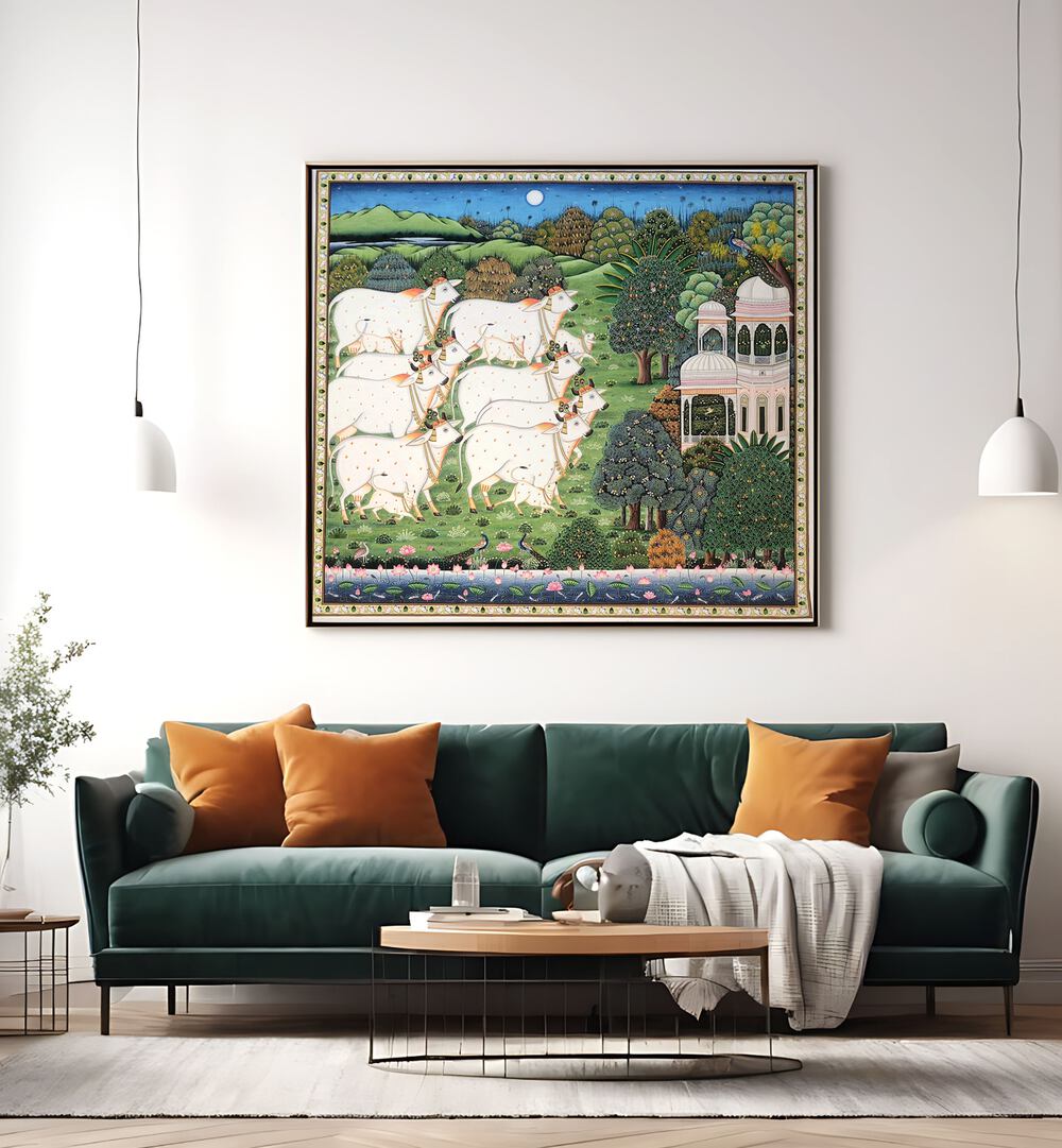 Vibrant COW AND CALF PICHWAI, INDIAN ART PAINTINGS showcasing rural life, perfect for enhancing your home decor.