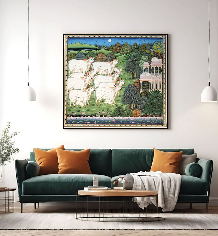 Vibrant COW AND CALF PICHWAI, INDIAN ART PAINTINGS showcasing rural life, perfect for enhancing your home decor.