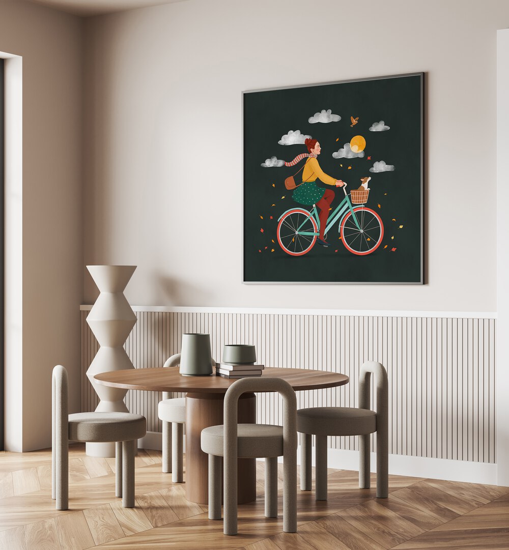 Vibrant AUTUMN RIDE, PORTRAITS artwork by Petra Holikova adds charm to any space with its colorful autumn theme.