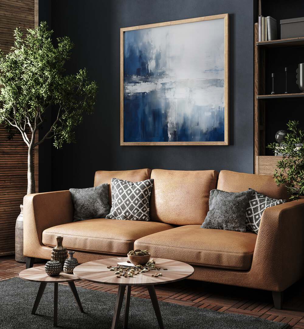 AQUA DREAMSCAPE, ABSTRACT PAINTINGS enhance modern living spaces with calming blue tones and elegant framing.