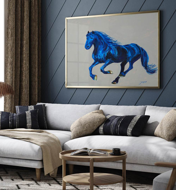 Vibrant A BLUE HORSE, ANIMAL PAINTINGS displayed elegantly in a modern living room setting, enhancing home decor.