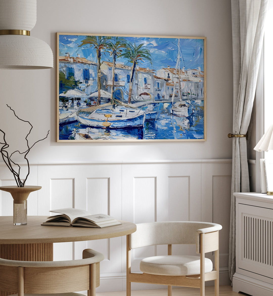 Vibrant artwork titled BOATS IN THE HARBOR enhances any space with serene maritime beauty and tranquility.
