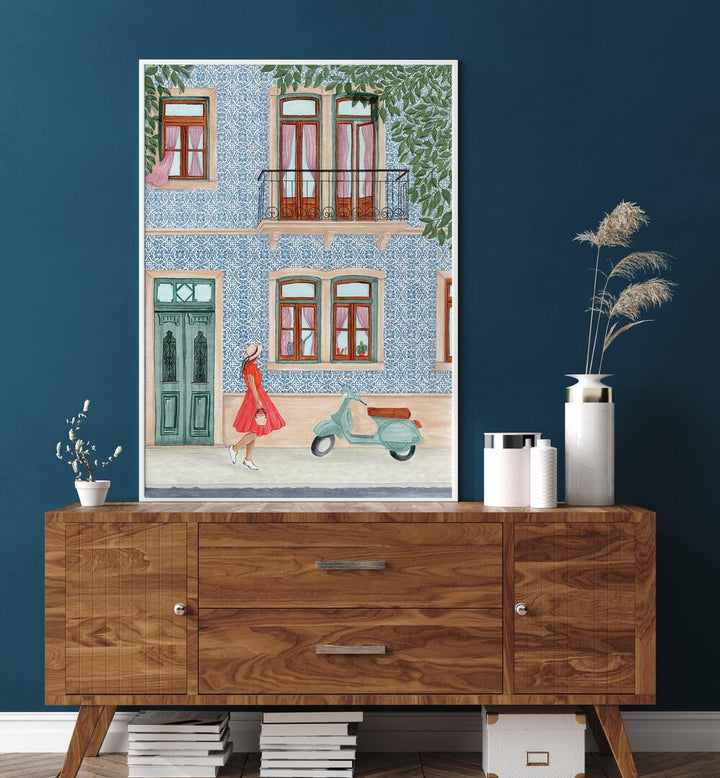 Stylish LADY WITH SCOOTER, BAR art brings elegance and vibrancy to your cafe or bar space, enhancing its ambiance.