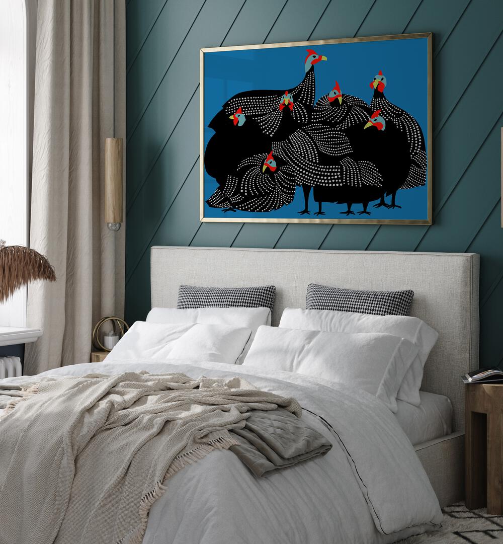 GOLDEN BLOOMS, ANIMAL PAINTINGS adorn a stylish bedroom, adding elegance and vibrancy to the modern decor.