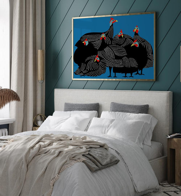 GOLDEN BLOOMS, ANIMAL PAINTINGS adorn a stylish bedroom, adding elegance and vibrancy to the modern decor.