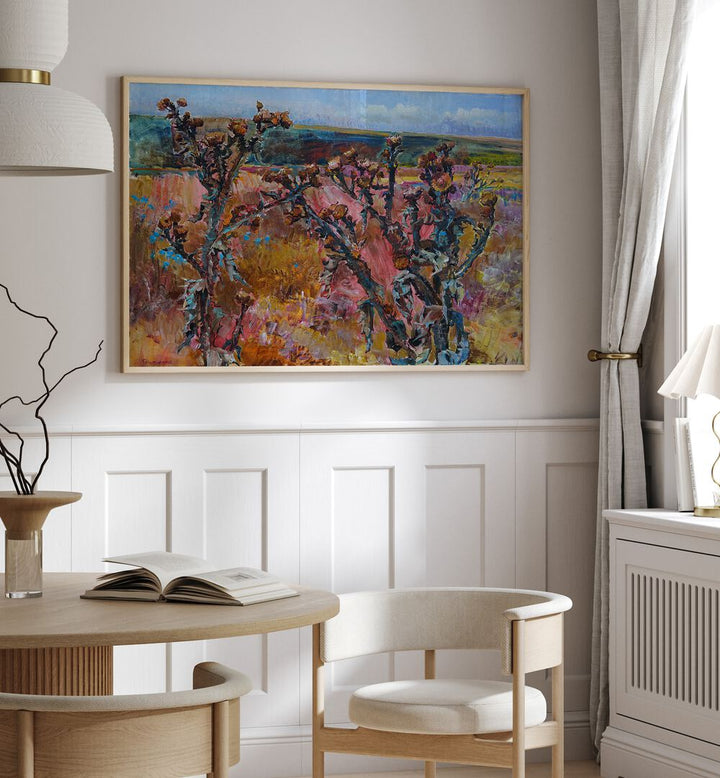 Vibrant colors in AUTUMN IN THE STEPPE, LANDSCAPE PAINTINGS create a serene fall atmosphere for any art lover's space.