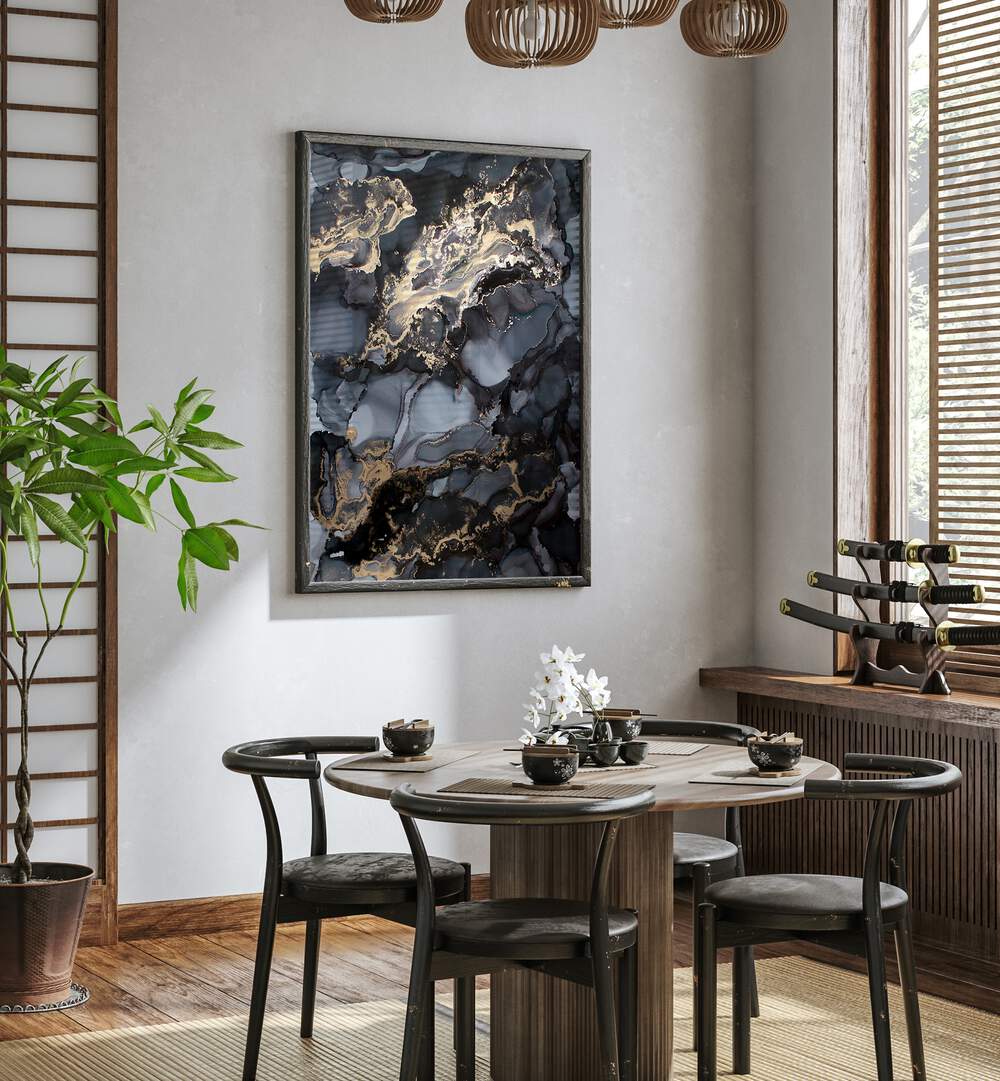 Stunning BLACK STORM, ABSTRACT PAINTINGS create a dramatic focal point in modern dining spaces.