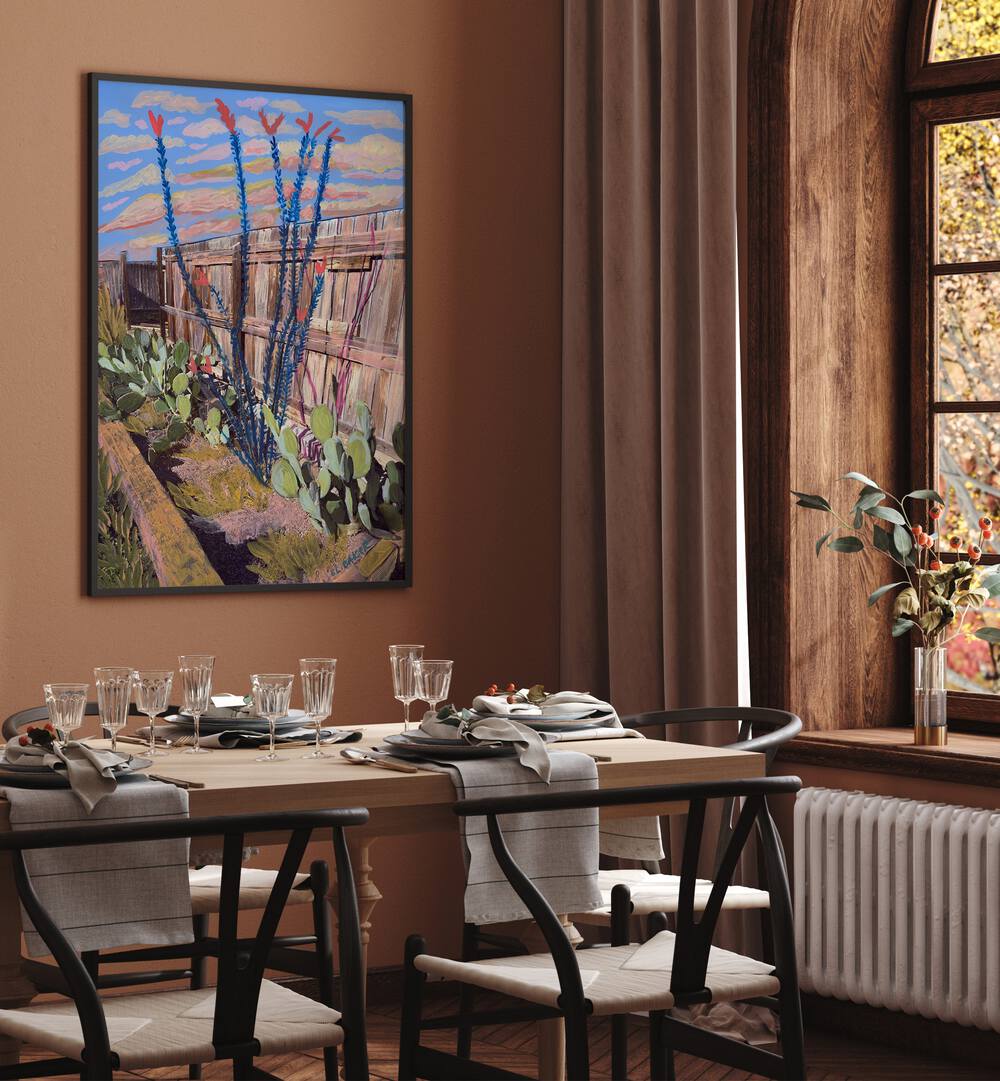 Captivating ALPINE TEXAS OCOTILLO, LANDSCAPE PAINTINGS adorn a dining space, showcasing vibrant natural beauty.