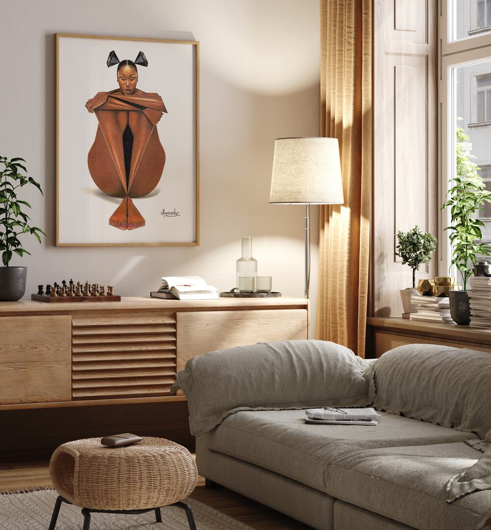 Elegant BLACKDIAMOND, PORTRAITS artwork enhances a cozy living space with striking figurative illustrations.