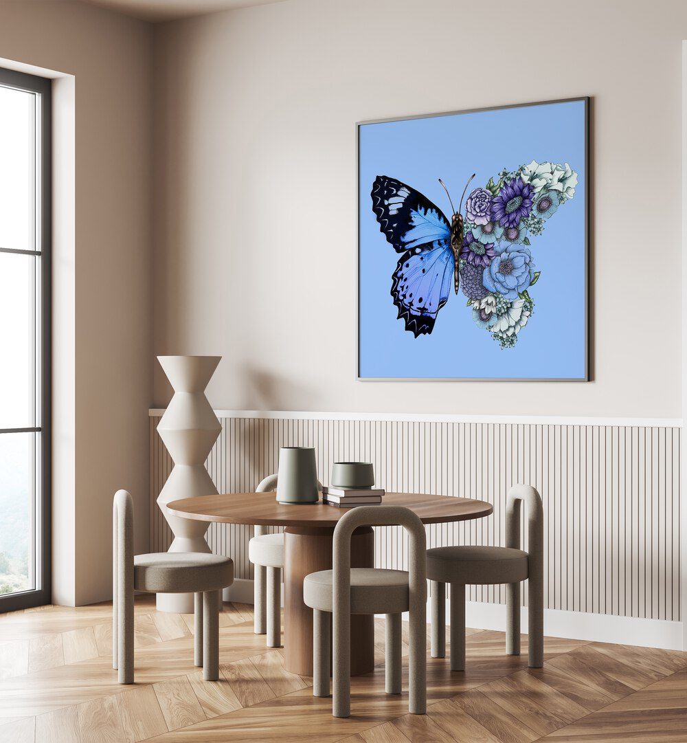 Enchanting BLUE BUTTERFLY IN BLOOM MURAL, ANIMAL PAINTINGS elevates your decor with vintage artistry and nature's beauty.