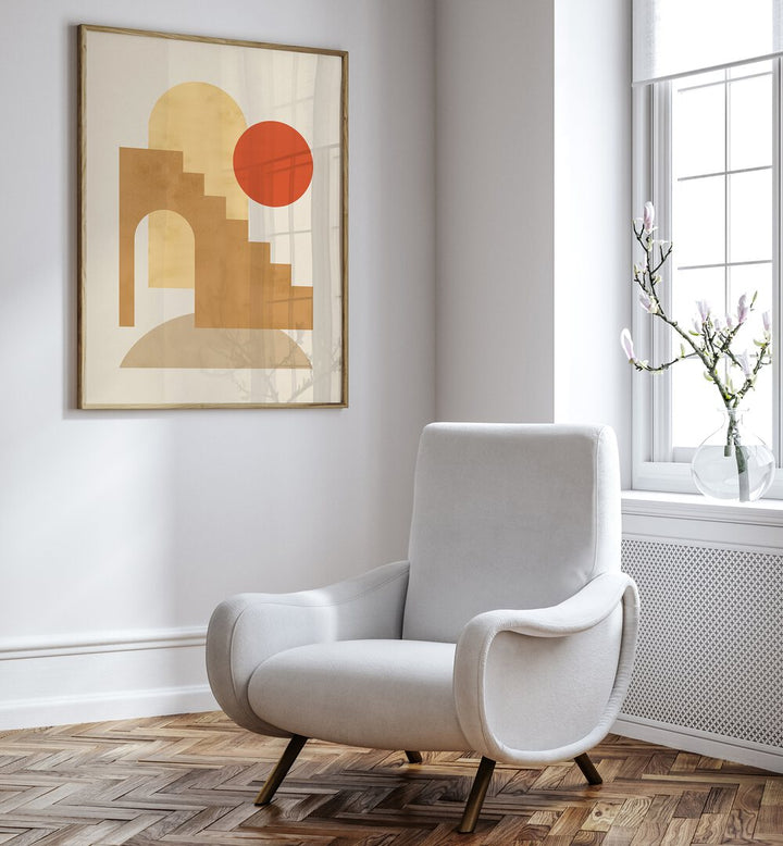 Stylish interior featuring COMPOSITION VII, BOHO ART PAINTINGS with geometric design and warm colors for modern decor.
