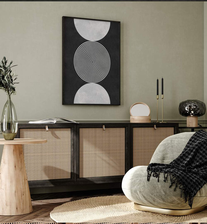 Stylish living room featuring BLACK BACKGROUND VII, GEOMETRIC ART PRINTS, showcasing elegant circles on a dark backdrop.