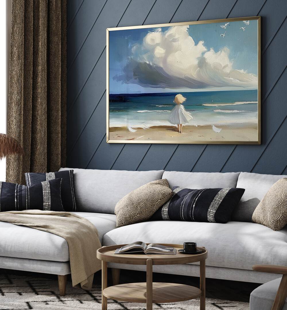Whimsical artwork featuring a LITTLE GIRL ON THE BEACH, perfect for adding nostalgia to your home decor.