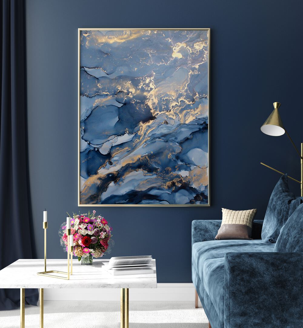 Elegant WAVES III, ABSTRACT PAINTINGS displayed in a chic living room setting, enhancing modern decor with rich colors.