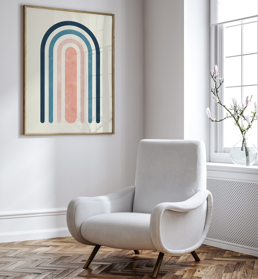 LINES AND ARCS VI, BOHO ART PAINTINGS displayed above a cozy chair, perfect for enhancing your artistic space.