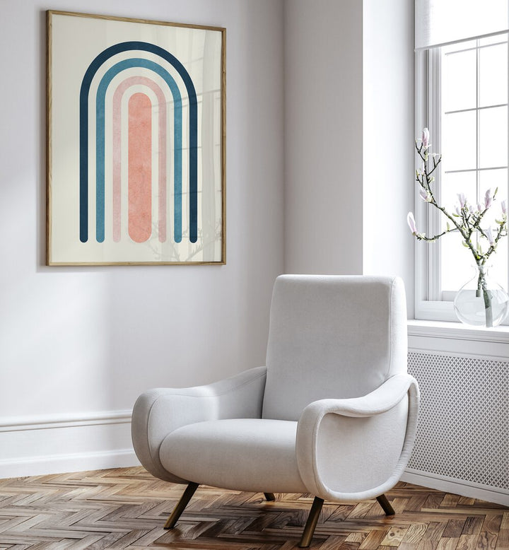 LINES AND ARCS VI, BOHO ART PAINTINGS displayed above a cozy chair, perfect for enhancing your artistic space.