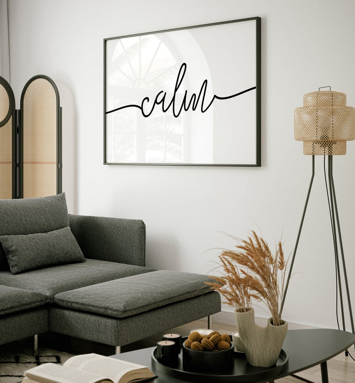 Stylish CALM, QUOTES typography poster enhancing tranquility in modern living spaces for relaxation and focus.