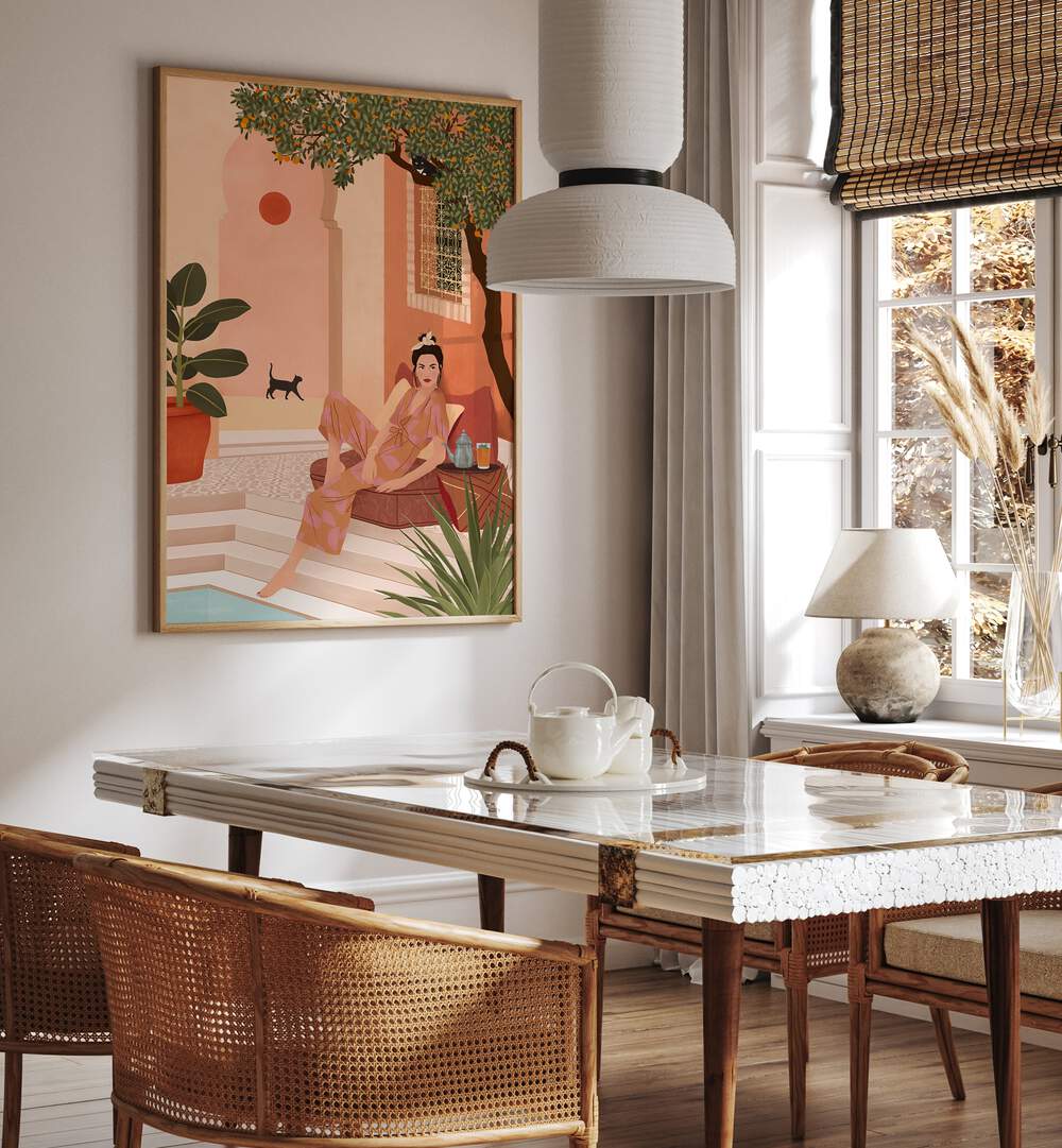 Elegant SECRET GARDEN, PORTRAITS artwork by Petra Holikova enhances a stylish dining space with vibrant colors.