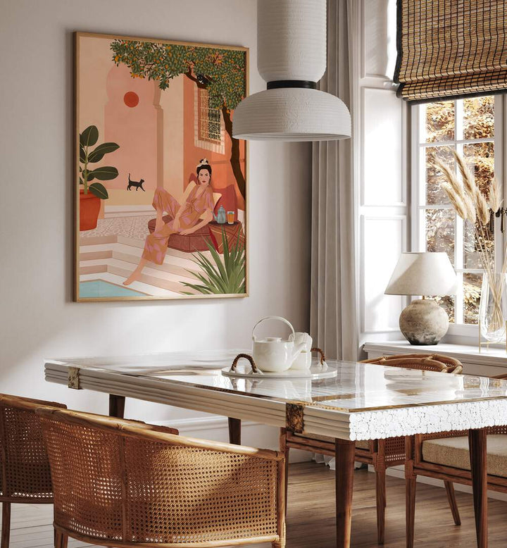 Elegant SECRET GARDEN, PORTRAITS artwork by Petra Holikova enhances a stylish dining space with vibrant colors.