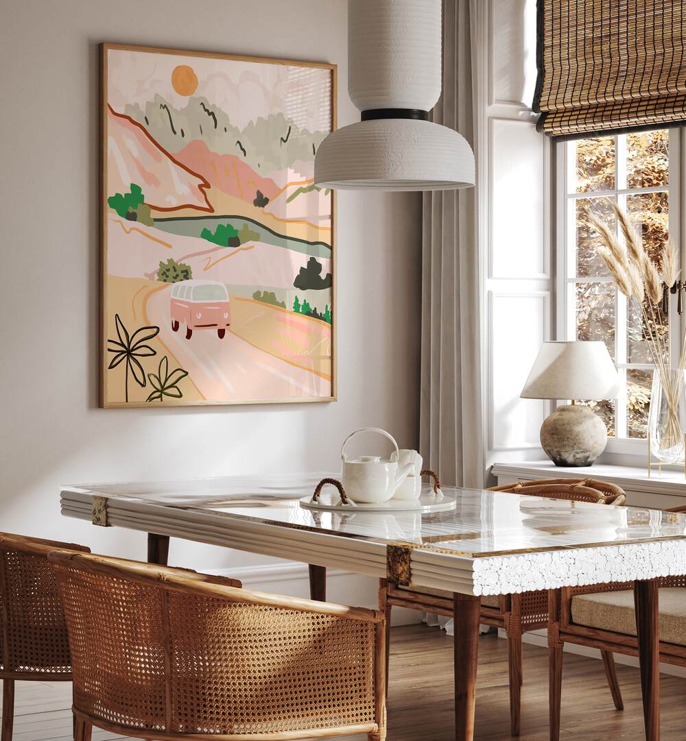 Stylish dining area featuring the PASTEL JOURNEY, LANDSCAPE PAINTINGS, adding vibrant hues to the serene decor.