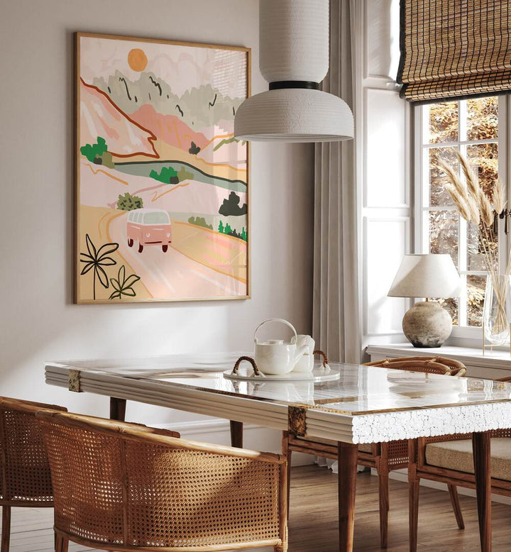 Stylish dining area featuring the PASTEL JOURNEY, LANDSCAPE PAINTINGS, adding vibrant hues to the serene decor.