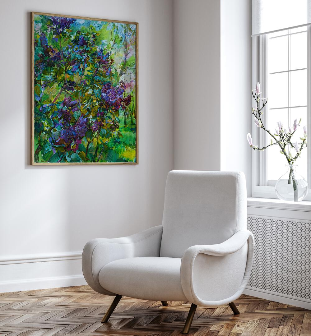 Brightly colored floral painting featuring a FLOWERING LILAC BRANCH, perfect for elegant home décor.